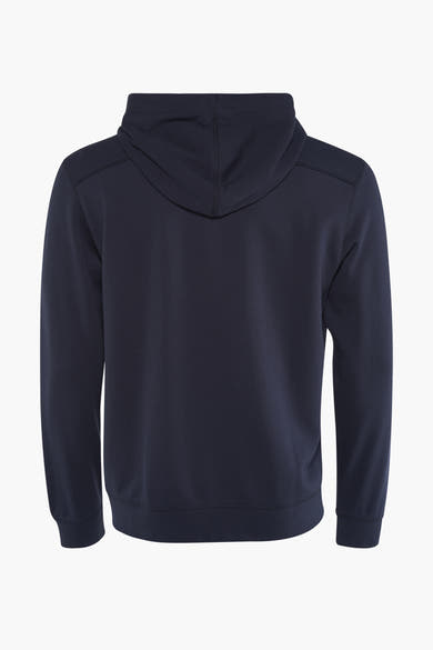 Sweat à capuche bleu de BOSS ORANGE, avec une capuche, vu de dos.
