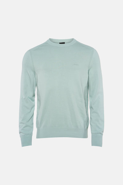 Turquoise crewneck sweater by BOSS with ribbed cuffs and hem, front view, textured knit fabric