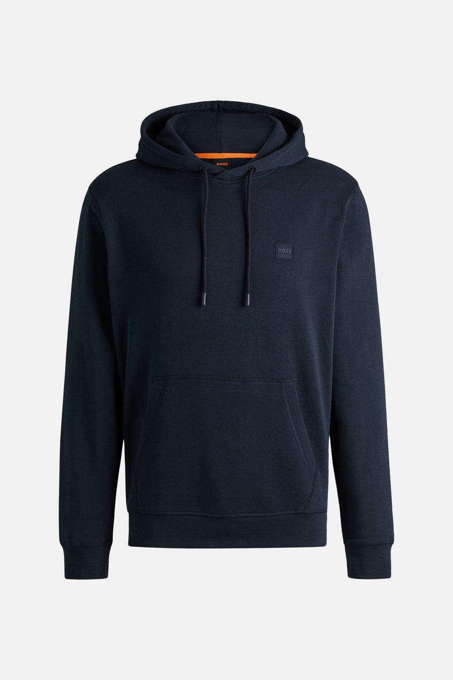 Blauwe BOSS ORANGE hoodie met trekkoord en kangoeroezak aan de voorkant.