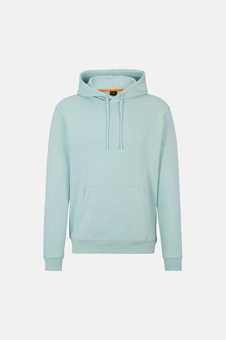 Turquoise hoodie van BOSS ORANGE met kangoeroezak, trekkoord, ton-sur-ton logo-badge en oranje bies bij de kraag.