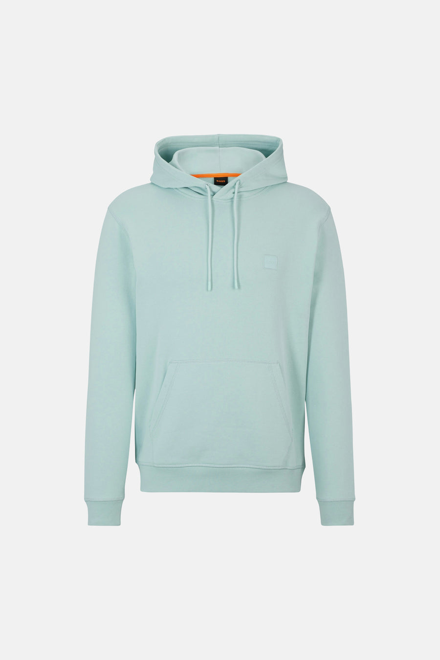 Turquoise hoodie van BOSS ORANGE met kangoeroezak, trekkoord, ton-sur-ton logo-badge en oranje bies bij de kraag.