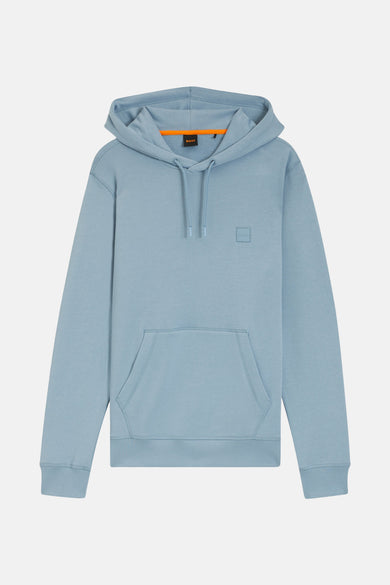 Blauwe BOSS ORANGE hoodie met kangoeroezak en bijpassende trekkoorden.