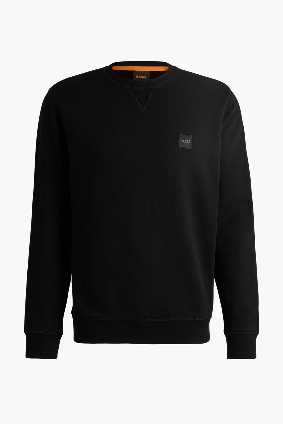 Sweat-shirt noir col rond de BOSS, avec un logo discret sur la poitrine.
