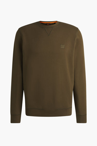 Sweatshirt kaki van BOSS ORANGE, met een ronde nek en een logo-patch in dezelfde kleur op de borst.