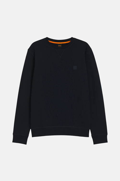 Marineblauwe BOSS ORANGE sweatshirt met een contrasterende oranje ronde hals en een discreet logo op de borst.