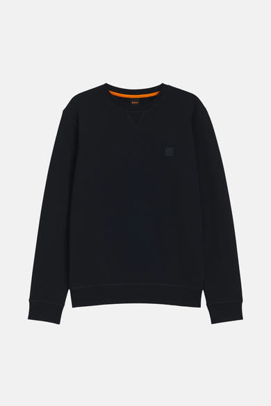 Sweat-shirt bleu marine de BOSS ORANGE, avec un col rond orange contrastant et un logo discret sur la poitrine.