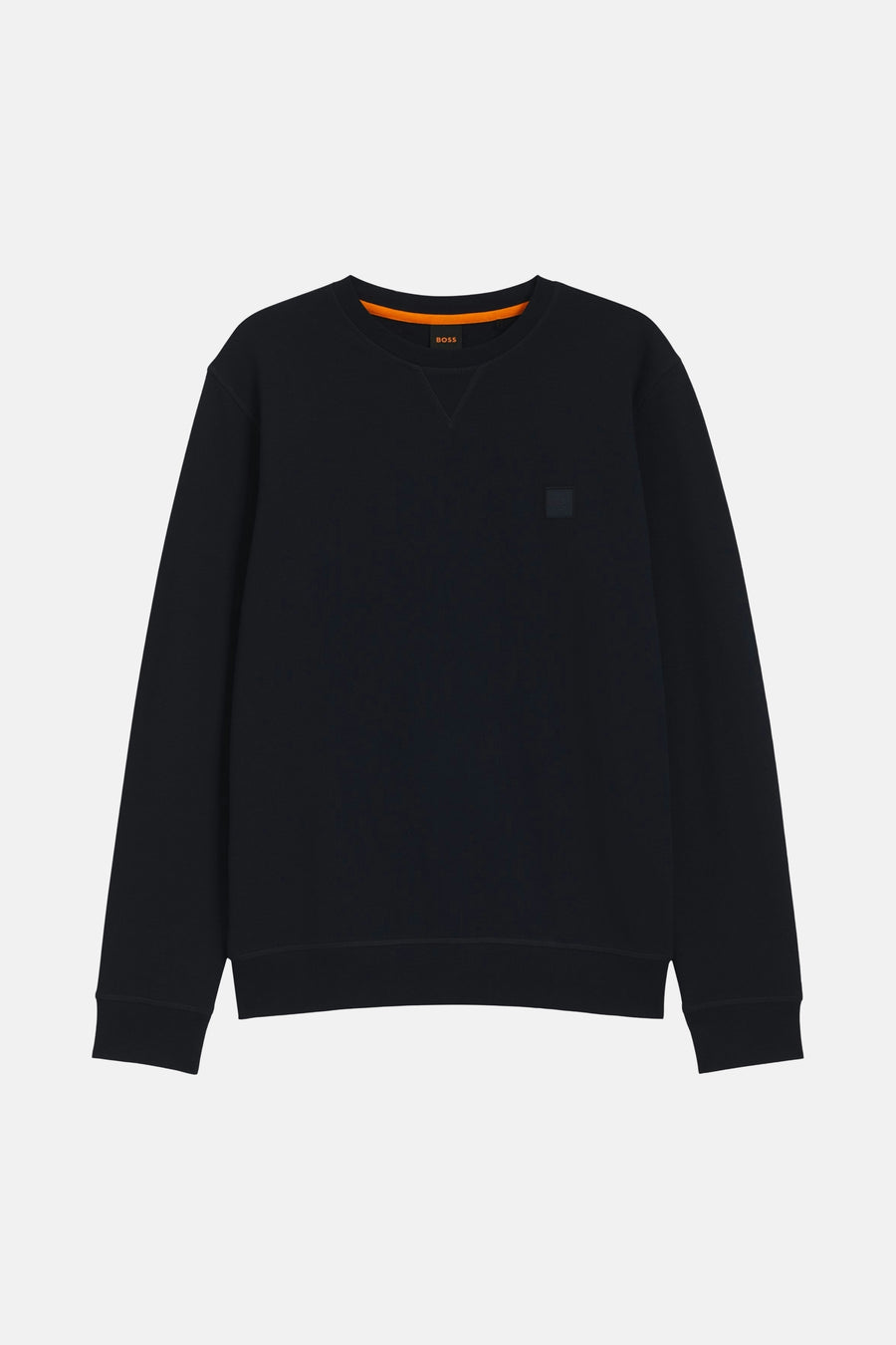 Sweat-shirt bleu marine de BOSS ORANGE, avec un col rond orange contrastant et un logo discret sur la poitrine.