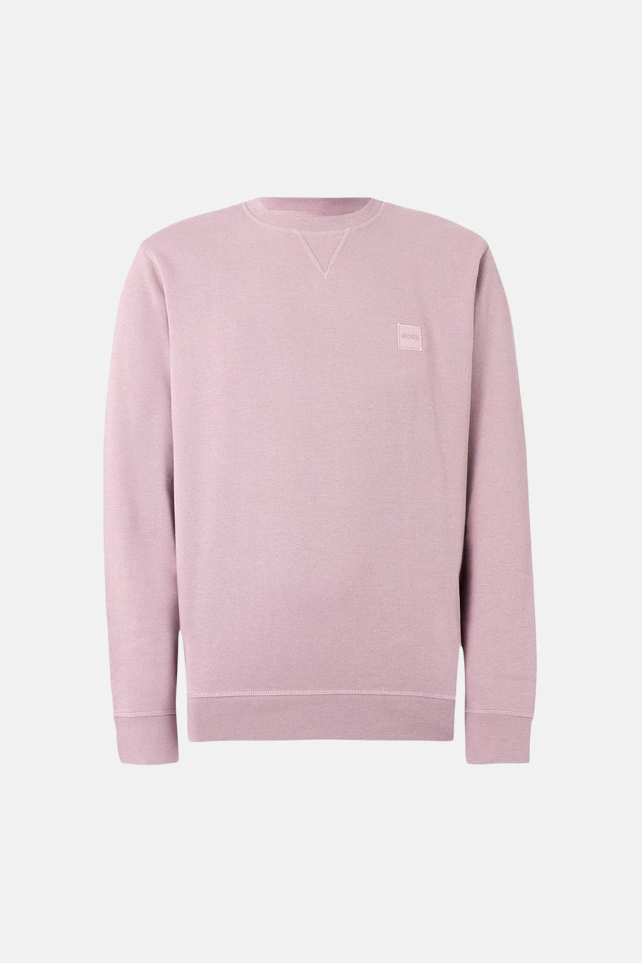 Sweat col rond rose par BOSS ORANGE, avec un petit logo carré sur la poitrine.
