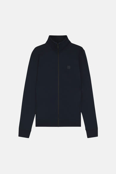 Sweat bleu foncé à col montant de BOSS ORANGE, avec fermeture éclair et patch logo carré sur la poitrine.