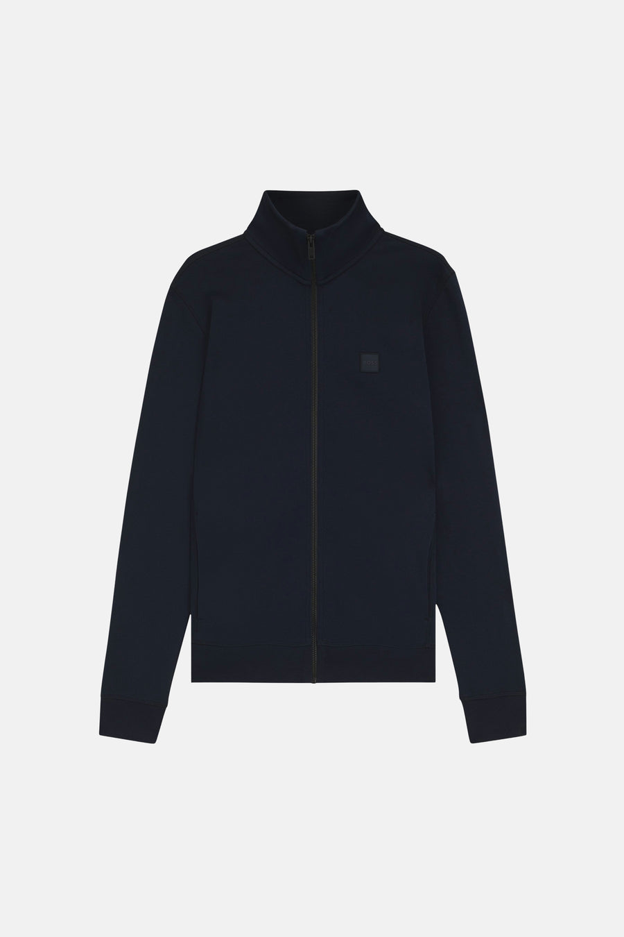Sweat bleu foncé à col montant de BOSS ORANGE, avec fermeture éclair et patch logo carré sur la poitrine.