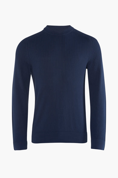 Pull bleu à col rond de BOSS ORANGE, en maille côtelée fine.