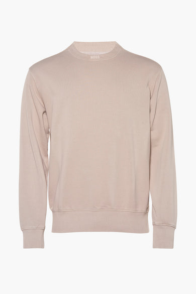 Sweat-shirt beige, col rond de BOSS ORANGE, en jersey uni avec finitions côtelées au col, aux poignets et à l'ourlet.