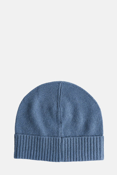 Bonnet bleu de BOSS ORANGE, en tricot côtelé, avec une couture centrale verticale.