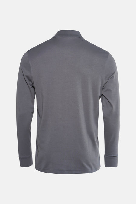 Grijze polo met lange mouwen van BOSS ORANGE, van achteren gezien, met klassieke kraag.