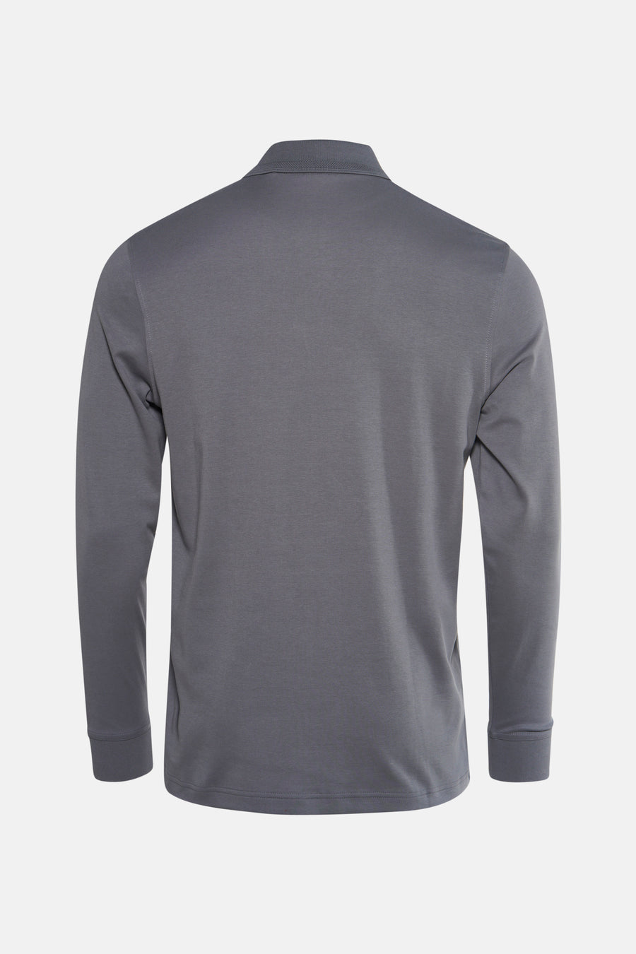 Grijze polo met lange mouwen van BOSS ORANGE, van achteren gezien, met klassieke kraag.