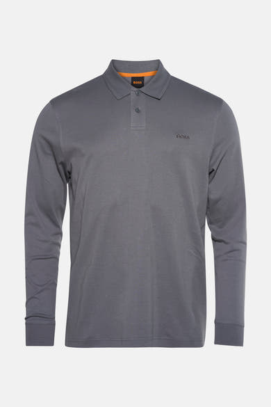 Grijze polo met lange mouwen van BOSS, met een knoopsluiting met twee knopen en geborduurd logo.