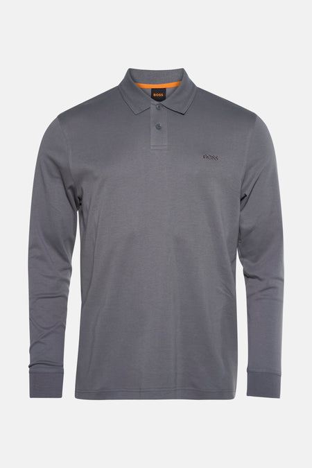 Grijze polo met lange mouwen van BOSS, met een knoopsluiting met twee knopen en geborduurd logo.