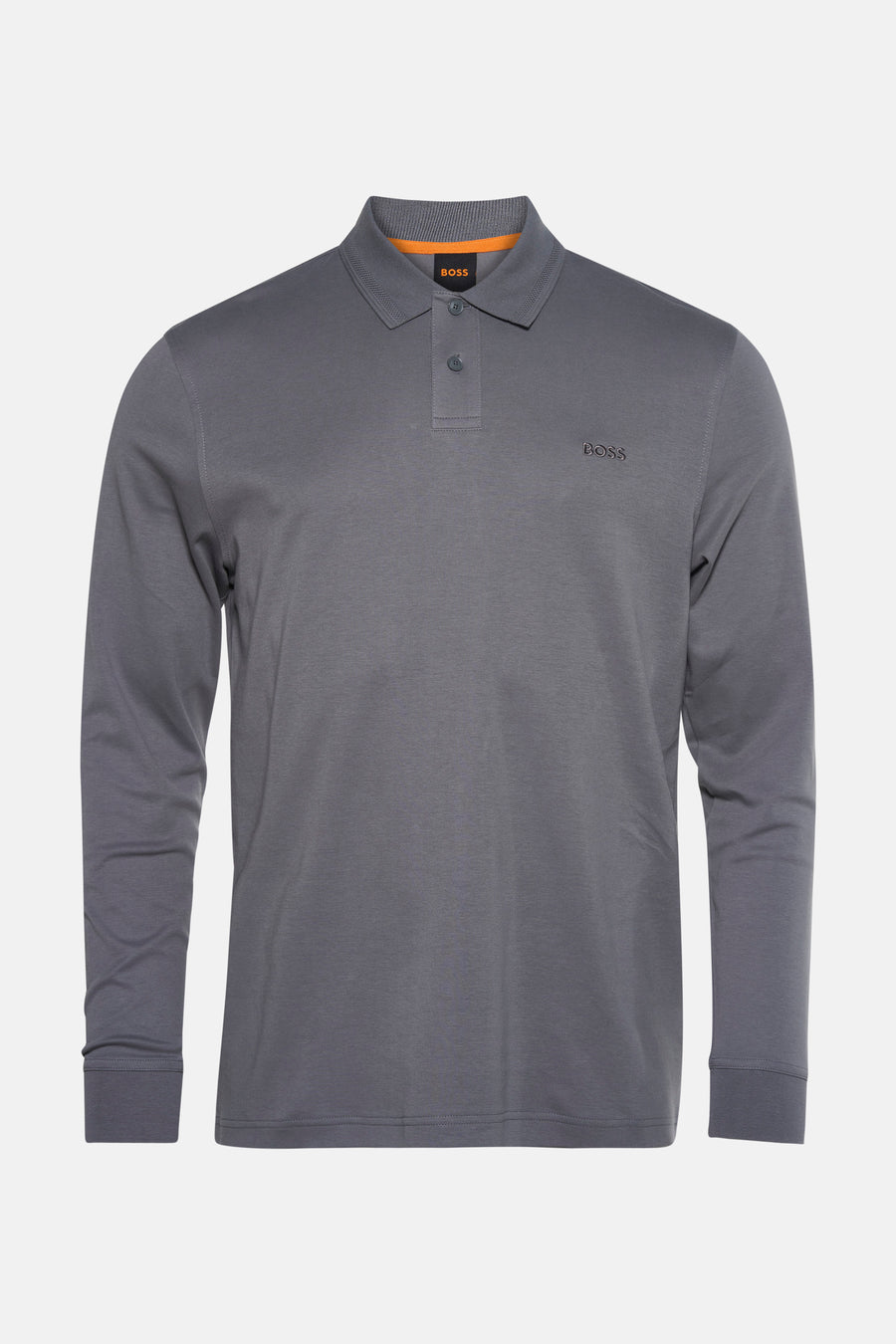 Grijze polo met lange mouwen van BOSS, met een knoopsluiting met twee knopen en geborduurd logo.