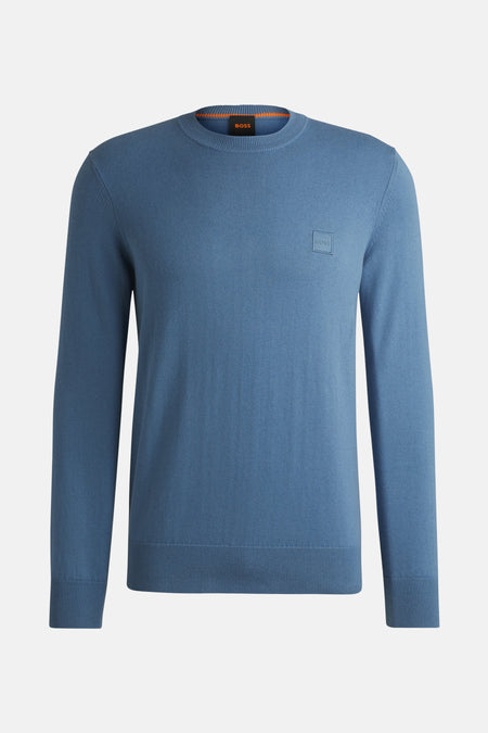 Ronde hals trui van BOSS ORANGE in blauwe fijne textuur gebreide stof, met een discrete oranje kraag.