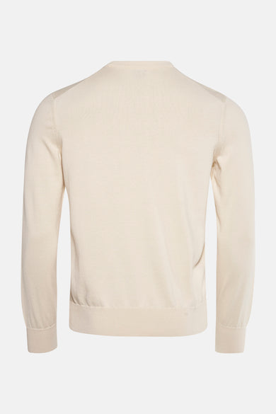 Pull à col rond écru de BOSS ORANGE, vue arrière sur fond uni.
