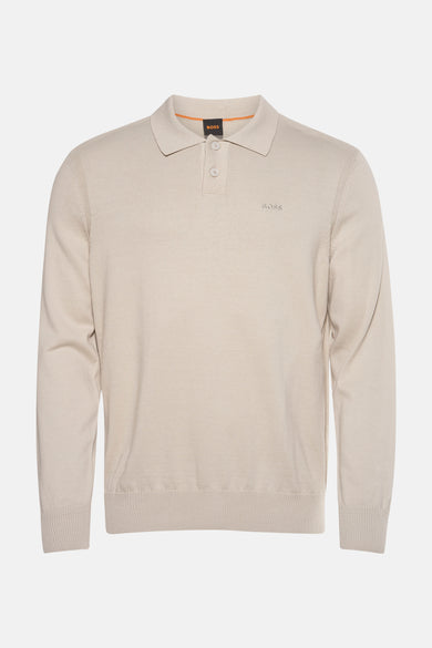 Pull beige de BOSS ORANGE, avec col polo et manches longues, en maille fine.