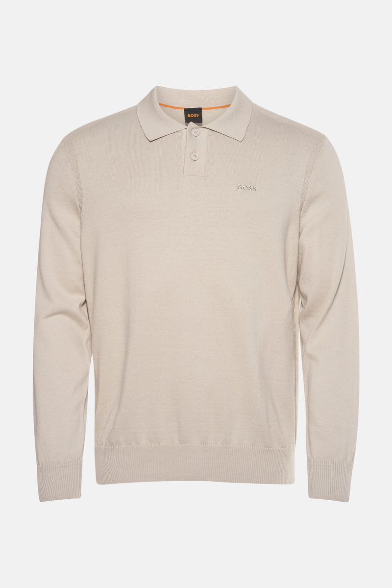 Pull beige de BOSS ORANGE, avec col polo et manches longues, en maille fine.