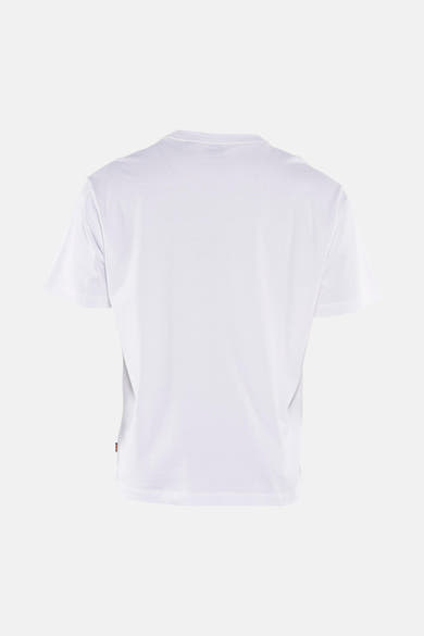 T-shirt blanc à manches courtes de BOSS ORANGE, uni, avec une petite étiquette rouge sur le côté.
