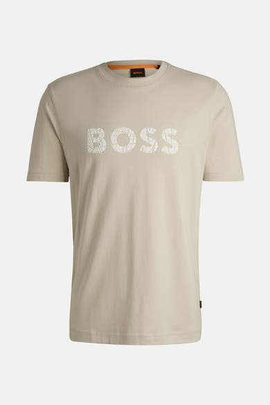 Beige T-shirt met korte mouwen van BOSS ORANGE, versierd met een textuurlogo op de voorkant.