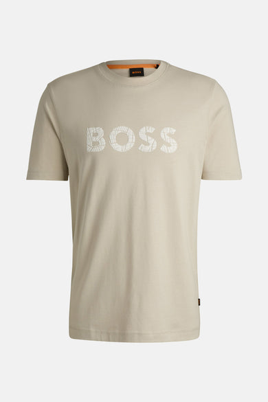 T-shirt beige à manches courtes de BOSS ORANGE, orné du logo texturé sur le devant.
