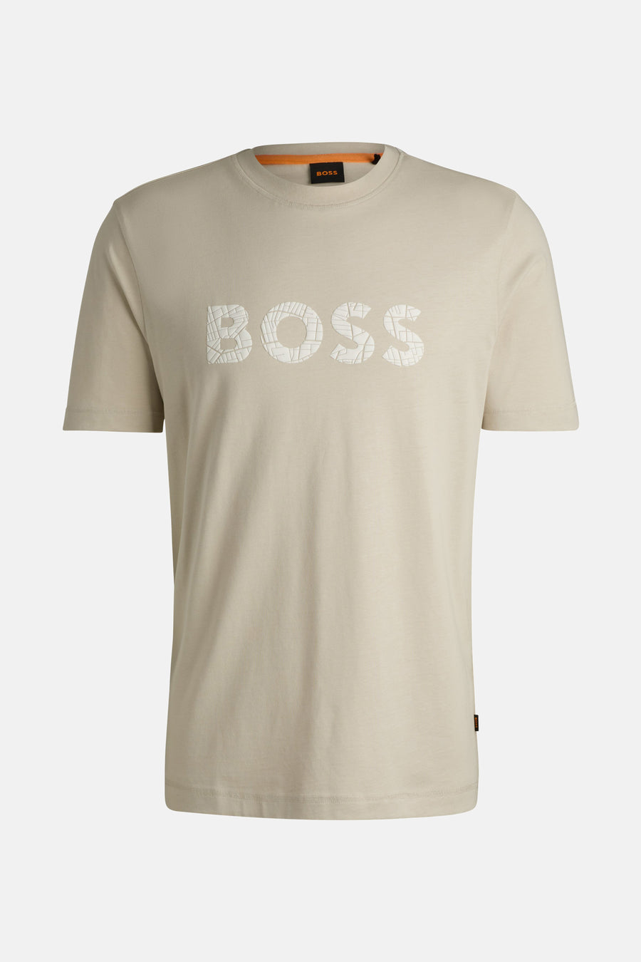 Beige T-shirt met korte mouwen van BOSS ORANGE, versierd met een textuurlogo op de voorkant.