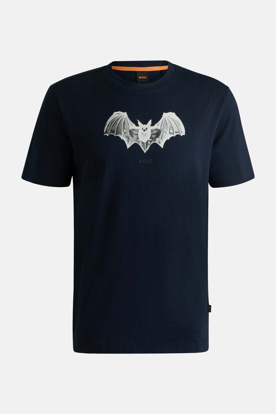 T-shirt bleu à manches courtes de BOSS ORANGE, avec un motif de chauve-souris blanc sur le devant.