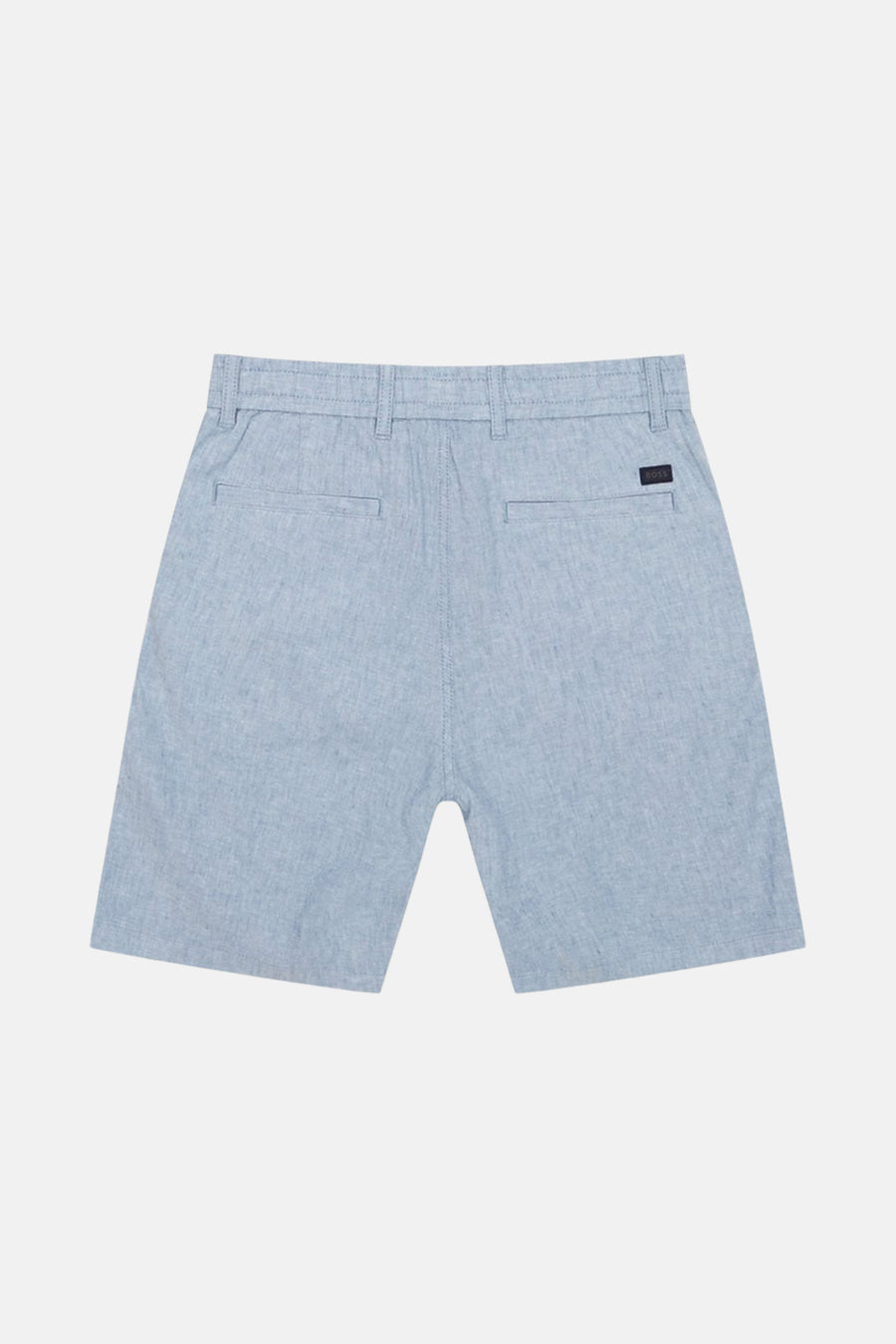 Short bleu en lin de BOSS ORANGE avec poches arrière passepoilées et une étiquette de la marque.