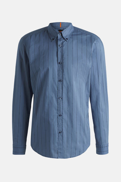 Blauwe blouse met lange mouwen van BOSS ORANGE, met verticale strepen en een toon-op-toon logo-patroon.