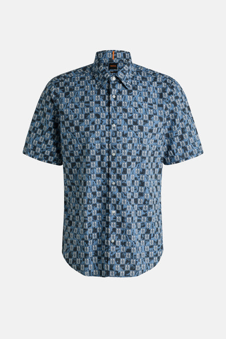 Blauwe blouse met korte mouwen van BOSS ORANGE, met een all-over ruitpatroon.