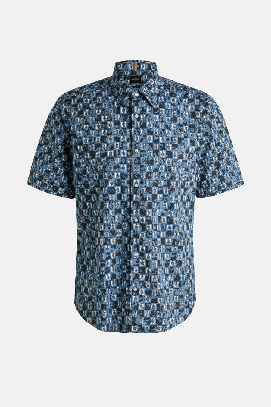 Blauwe blouse met korte mouwen van BOSS ORANGE, met een all-over ruitpatroon.