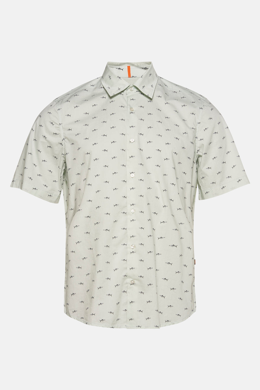 Groen overhemd met korte mouwen van BOSS ORANGE, met een all-over zwart haaienpatroon.