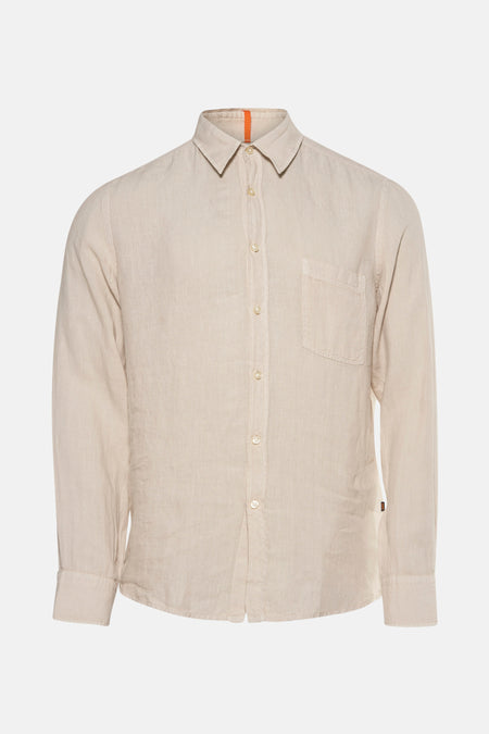 Beige overhemd met lange mouwen van BOSS ORANGE, achterzijde, in getextureerd linnen.