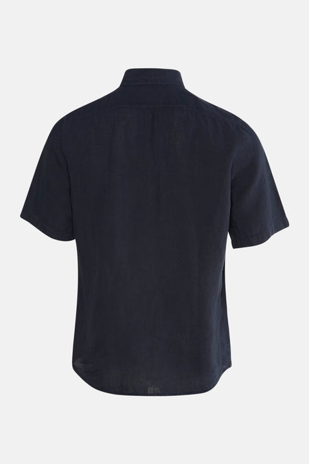 Donkerblauwe blouse met korte mouwen van BOSS ORANGE, van achteren gezien en met een subtiele textuur.