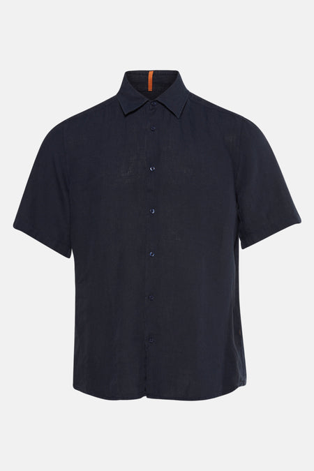 Donkerblauwe blouse met korte mouwen van BOSS ORANGE, met knoopsluiting en klassieke kraag.