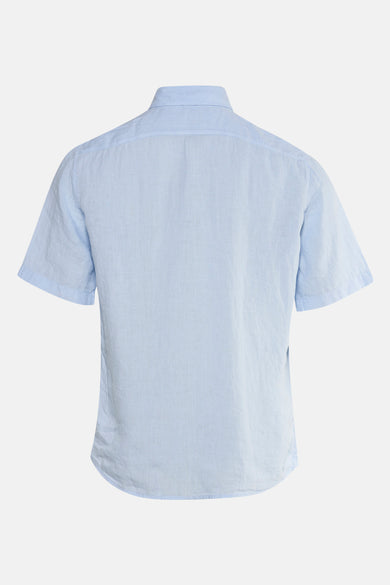 Chemise bleue à manches courtes de BOSS ORANGE, vue de dos, en lin texturé.