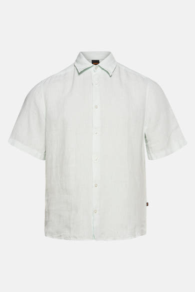 Chemise bleu clair à manches courtes de BOSS ORANGE, avec une patte de boutonnage sur le devant.