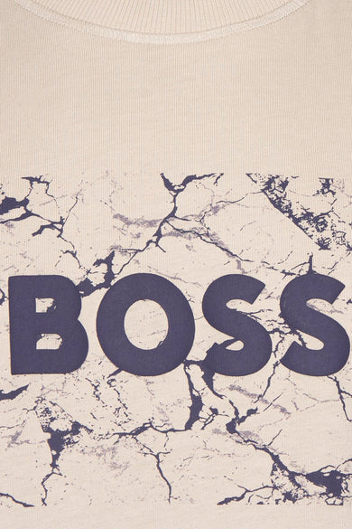 T-shirt met BOSS OR beigeORgegege mar abbrubr mot marstr abstract textur text.