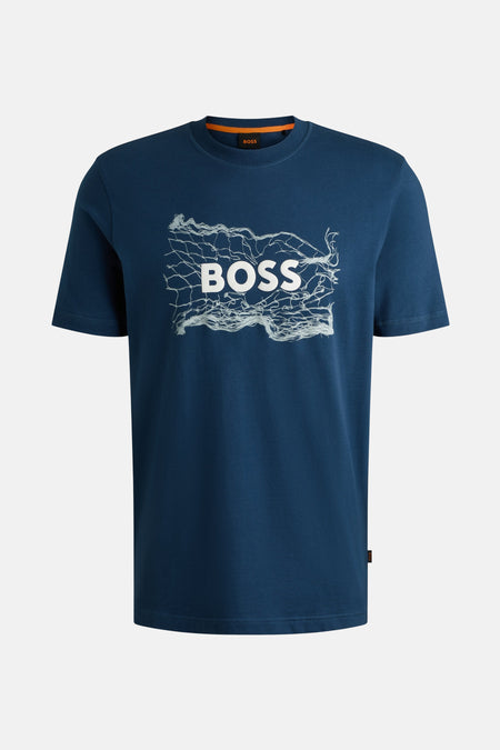 Korte mouwen T-shirt blauw van BOSS ORANGE, met witte grafische print op de voorkant.