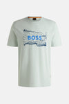 T-shirt à manches courtes bleu de BOSS avec motif graphique abstrait sur le devant.