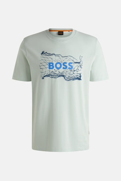 Blauwe T-shirt met korte mouwen van BOSS met abstract grafisch patroon op de voorkant.