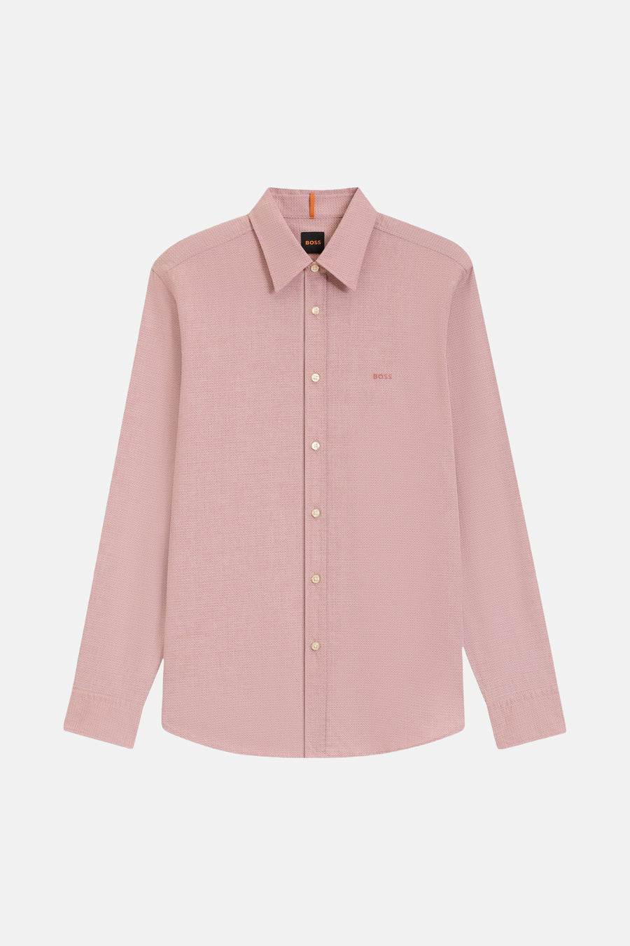 Chemise à manches longues rose, de BOSS ORANGE, avec une texture tissée subtile et des boutons clairs.