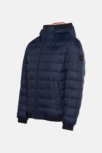 Blauwe regenjas van BOSS ORANGE met capuchon en ritssluiting.