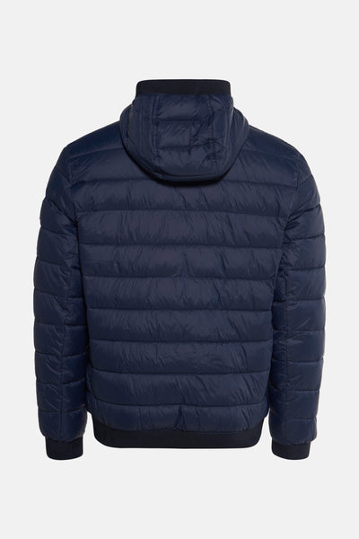 Blauwe regenjas van BOSS ORANGE, met capuchon en doorgestikt patroon.
