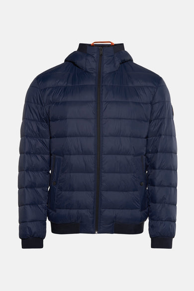 Blauwe regenjas van BOSS ORANGE, met capuchon en ritssluiting middenvoor.
