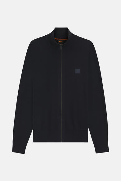 Marineblauwe BOSS ORANGE-jas met rits en discreet logo op de borst.